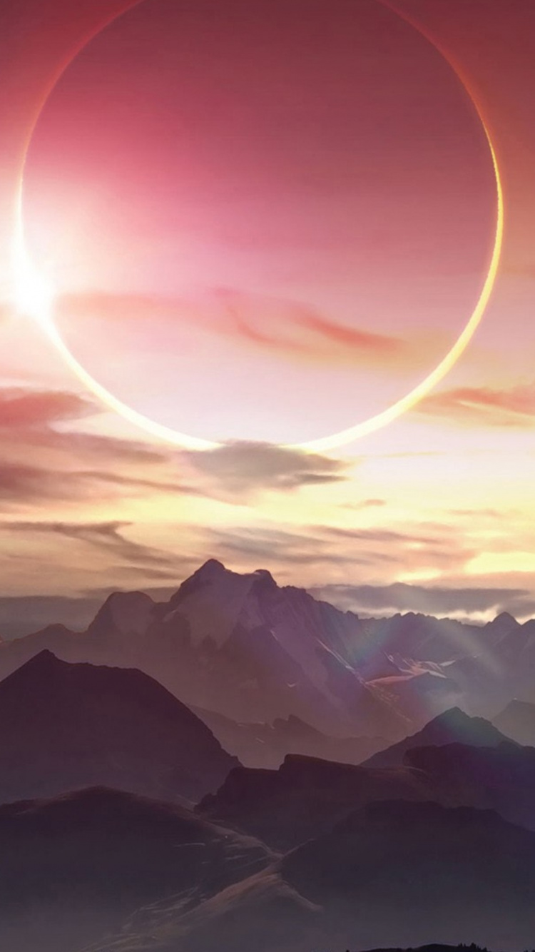 Обои солнечное затмение, затмение, лунное затмение, гора, горный хребет в разрешении 750x1334