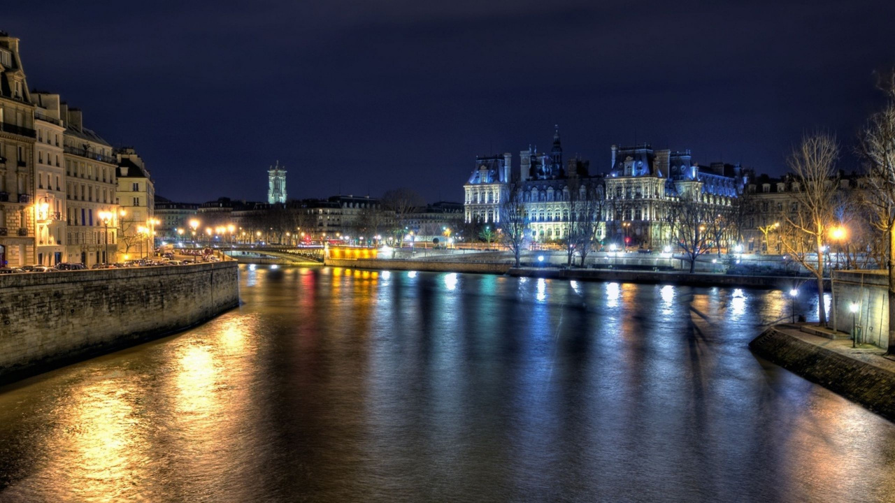 Обои Париж, ночь, город, вода, реки в разрешении 1280x720