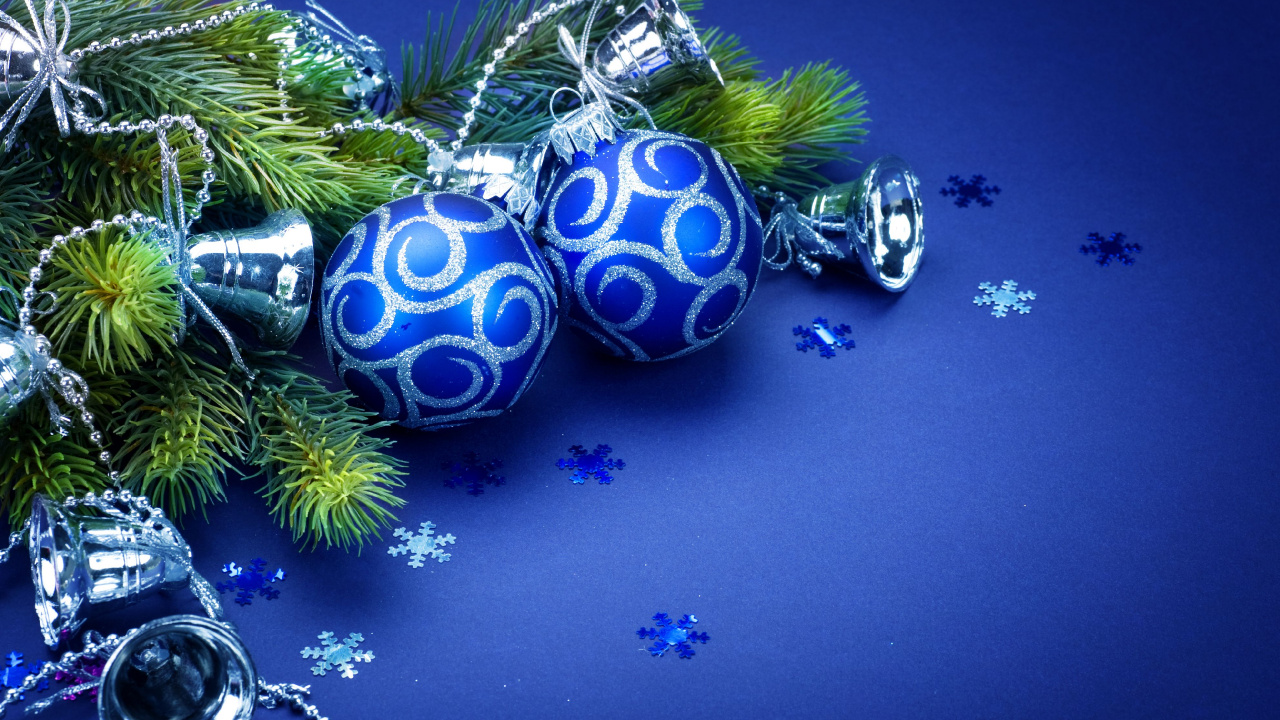 Обои Рождественский день, рождественский орнамент, синий, Рождественские украшения, дерево в разрешении 1280x720