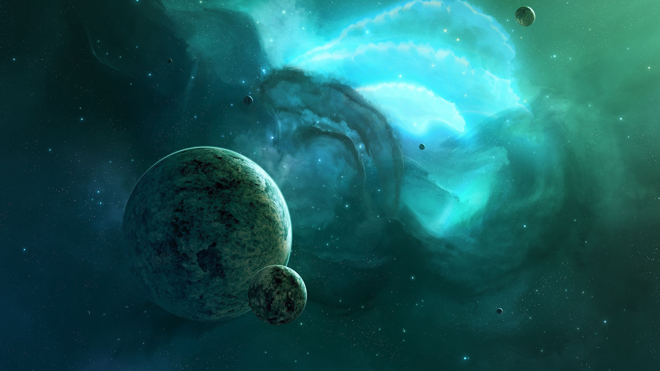 Обои цвет, земля, космическое пространство, бирюза, атмосфера в разрешении 2560x1440