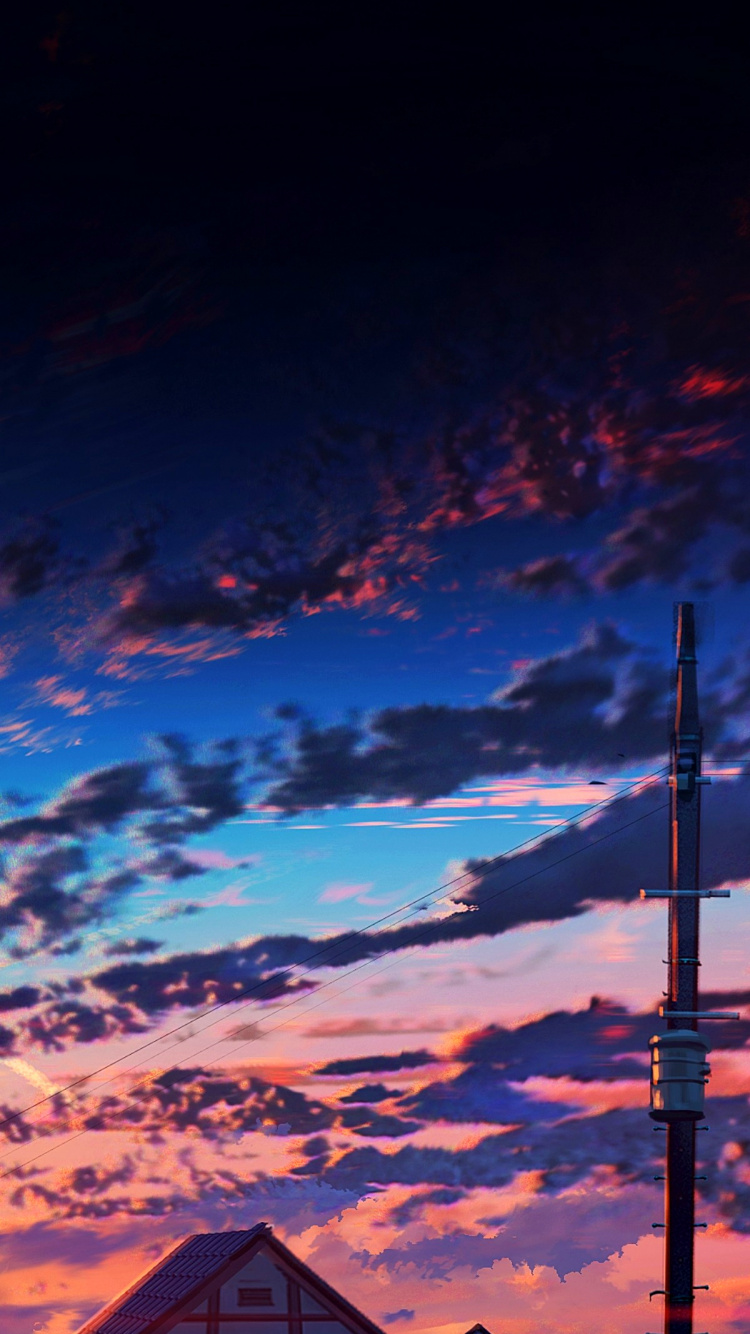 Обои синий оранжевый аниме закат, аниме, рукав, мультфильм, ночь в разрешении 750x1334