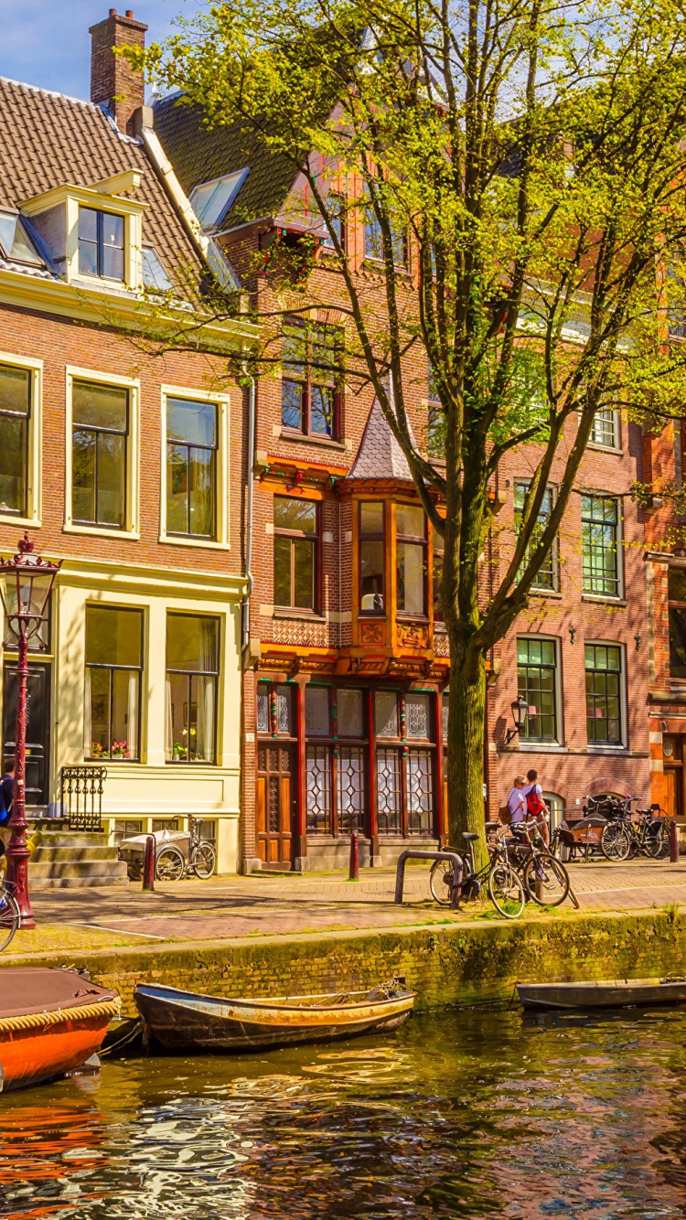 Обои Амстердам, канал, водный путь, городок, соседство в разрешении 750x1334