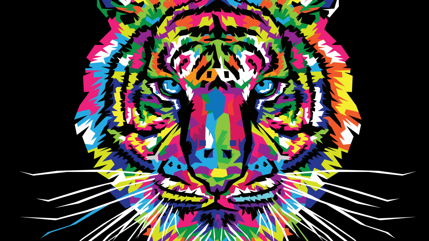 Обои тигр, арт, векторная графика, иллюстрация, бенгальский тигр в разрешении 1366x768