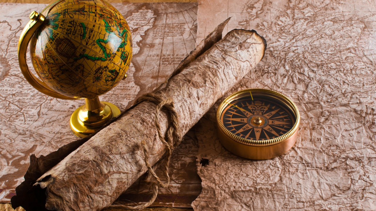 Обои шар, карта, натюрморт, компас, карта мира в разрешении 1280x720