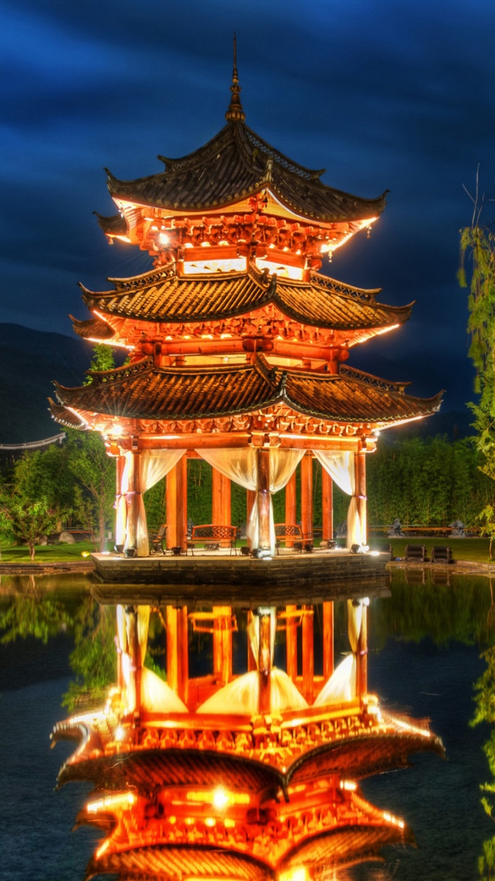 Обои природа, отражение, ориентир, пагода, китайская архитектура в разрешении 720x1280