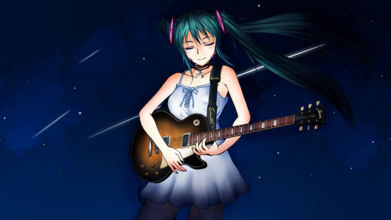 Обои вокалоид, басгитара, Хацунэ Мику, гитара, аниме в разрешении 1280x720