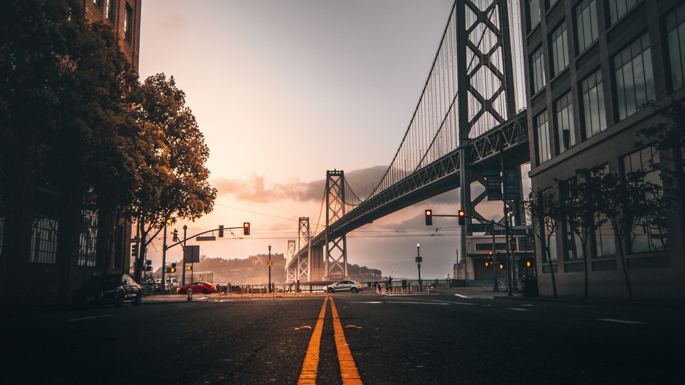 Обои мост Golden Gate, мост, городской район, дорога, утро в разрешении 1366x768