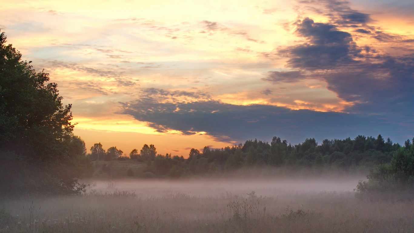 Обои закат, утро, восход солнца, туман, облако в разрешении 1366x768