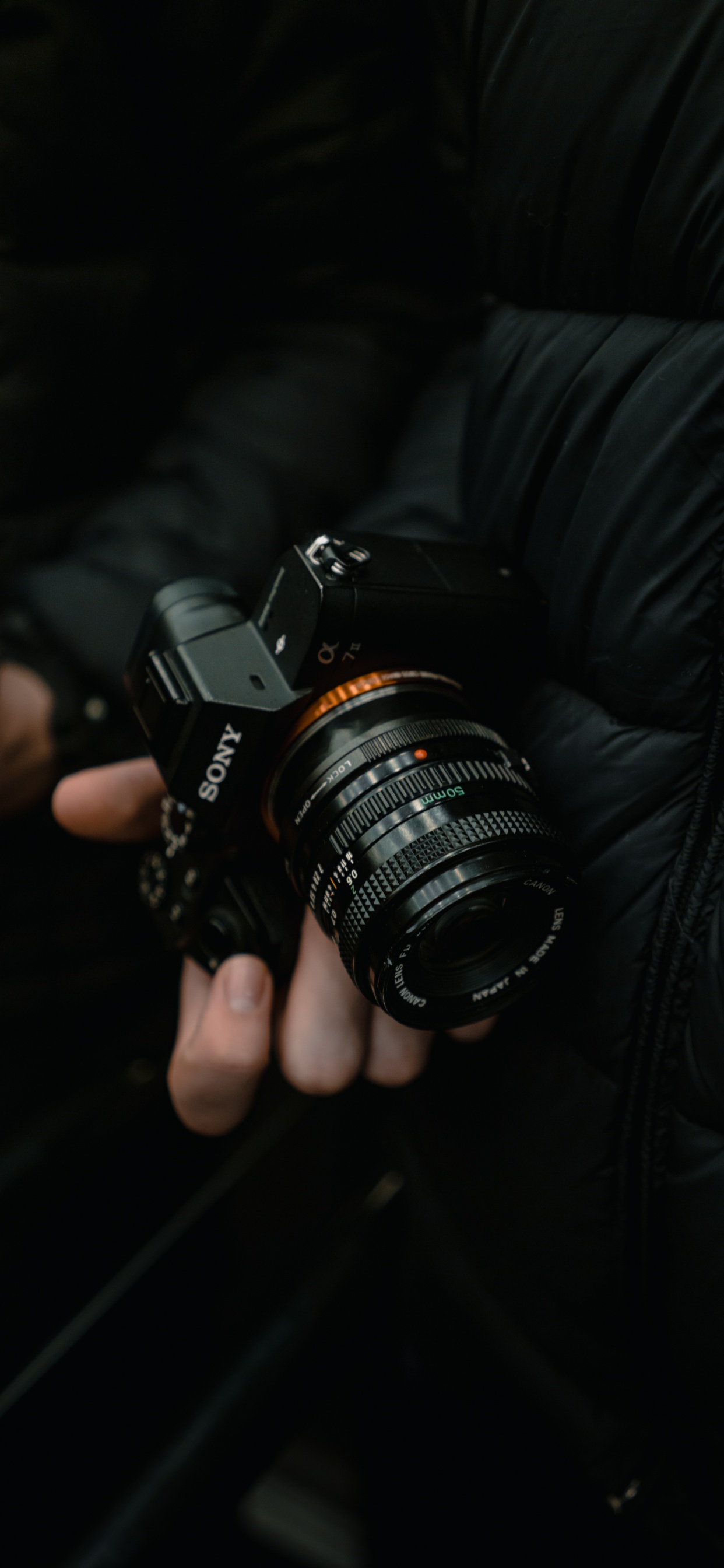 Обои объектив, одиночный объектив рефлекс камеры, оптика камеры, камера, рука в разрешении 1242x2688