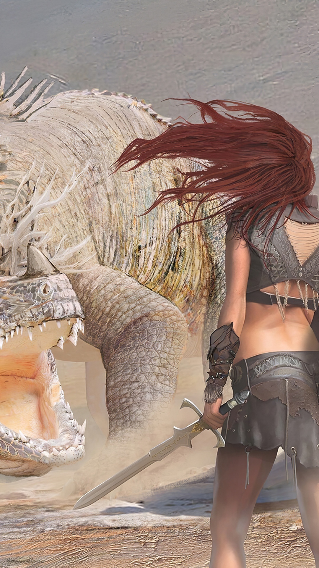 Обои девушка против дракона, живопись, дракон, олененок, арт в разрешении 1080x1920