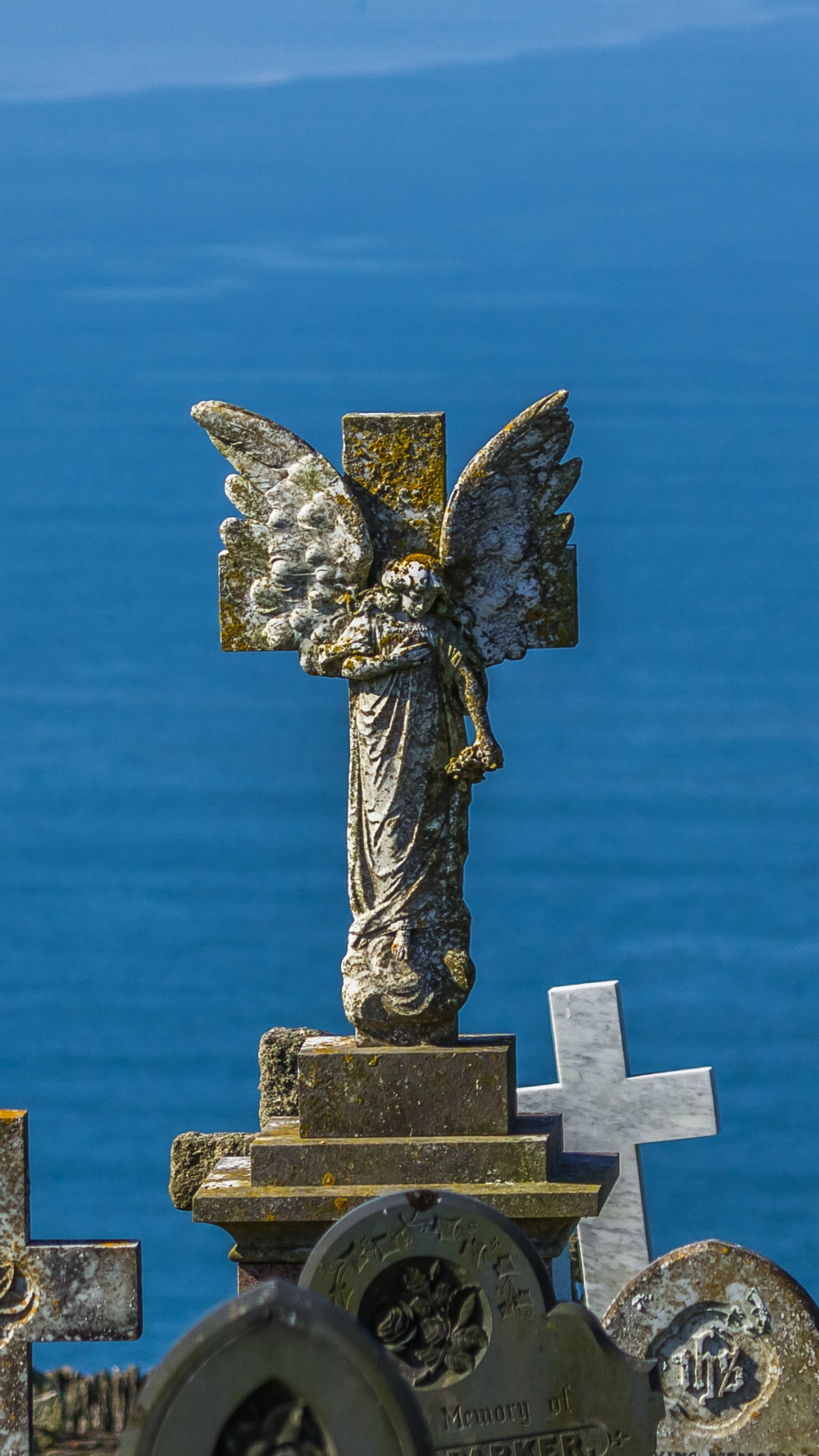 Обои статуя, ангел, ориентир, море, побережье в разрешении 1440x2560