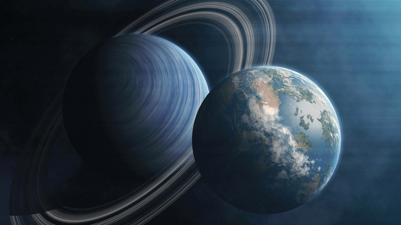 Обои земля, планета, система колец, атмосфера, астрономический объект в разрешении 1280x720