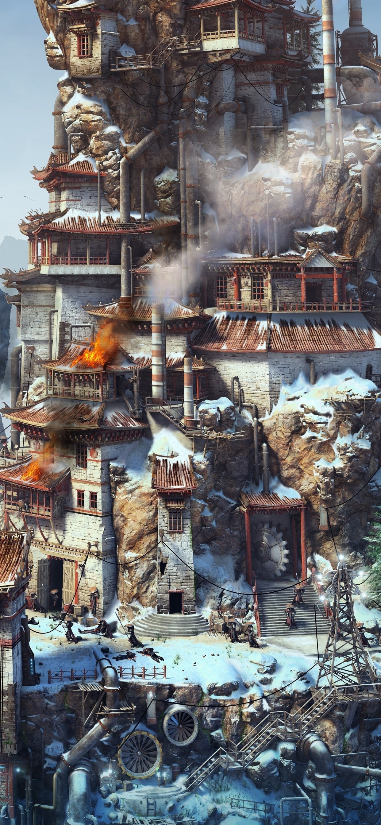 Обои стимпанк, акварельные краски, мир, арт, архитектура в разрешении 1242x2688