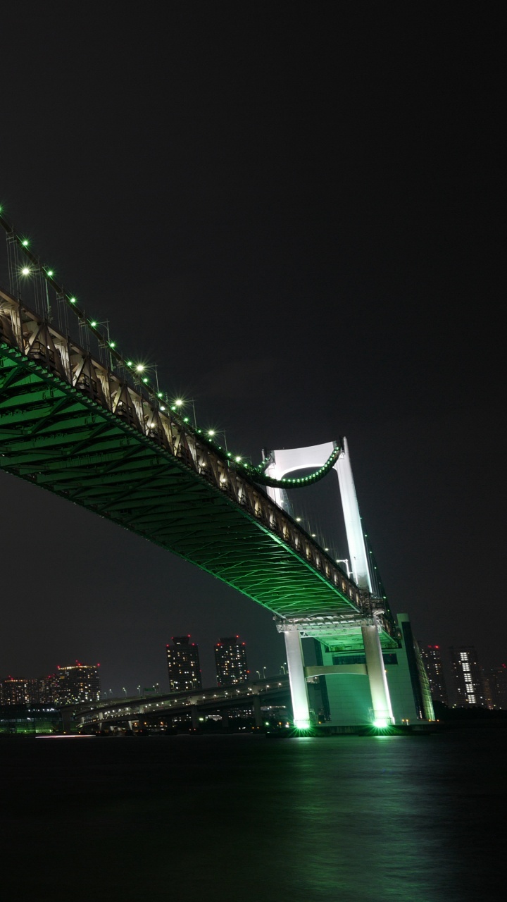 Обои Радужный мост, ночь, мост, вода, архитектура в разрешении 720x1280