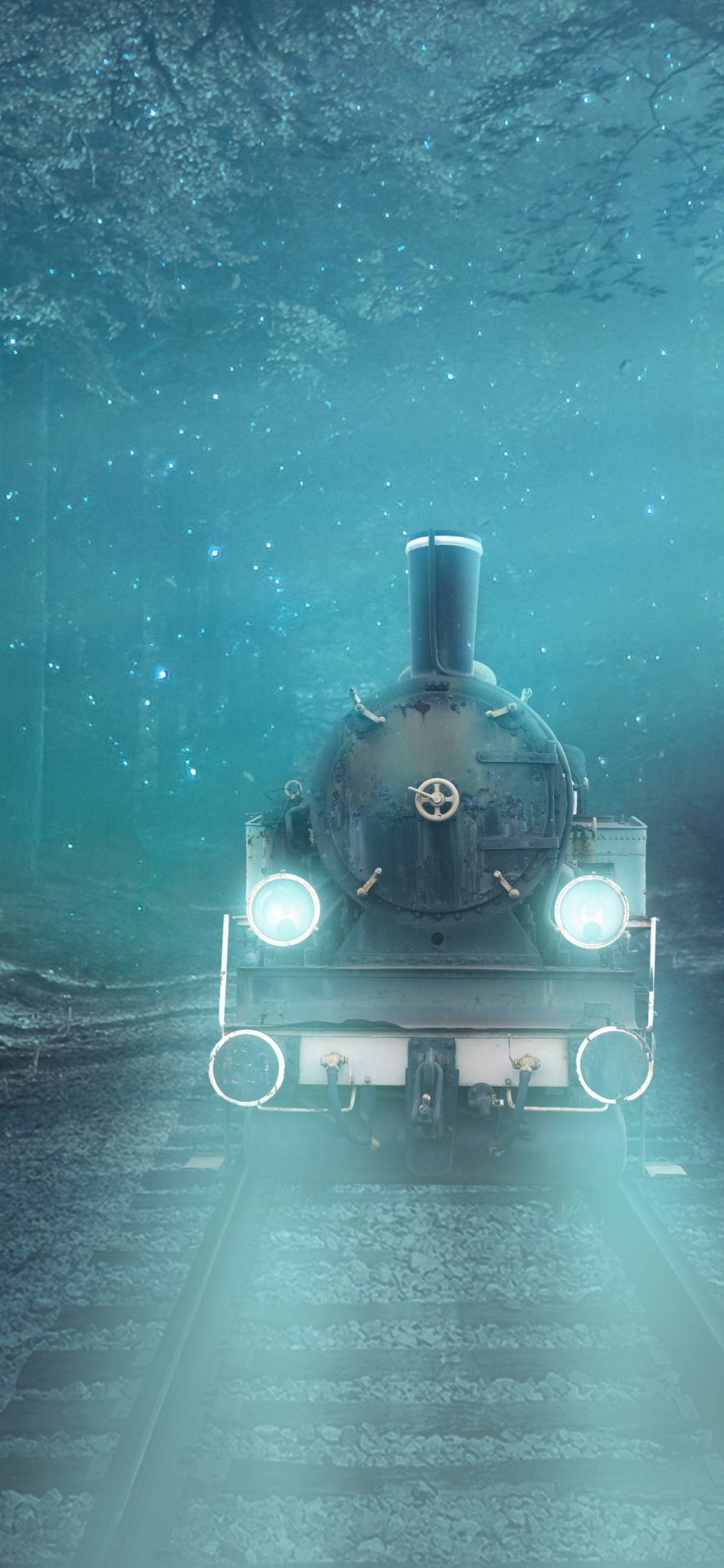 Обои фантастический поезд, поезд, атмосфера, растение, автомобильное освещение в разрешении 1125x2436