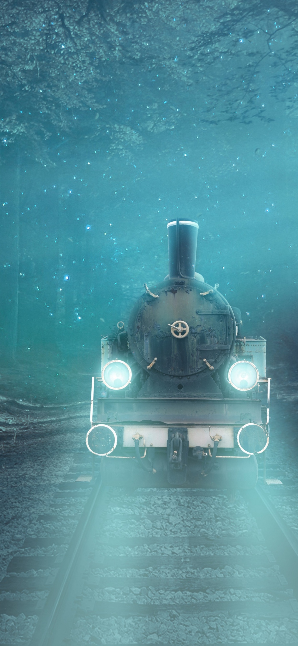 Обои фантастический поезд, поезд, атмосфера, растение, автомобильное освещение в разрешении 1242x2688