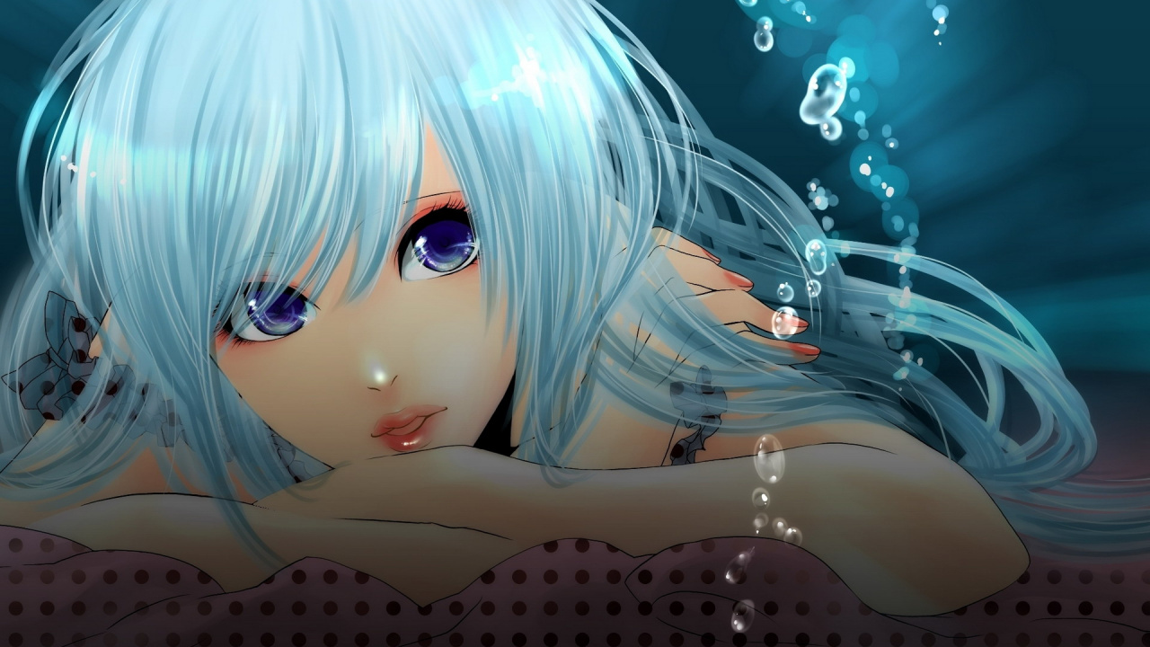 Обои аниме, аниме девушка, мультфильм, синий, вода в разрешении 1280x720