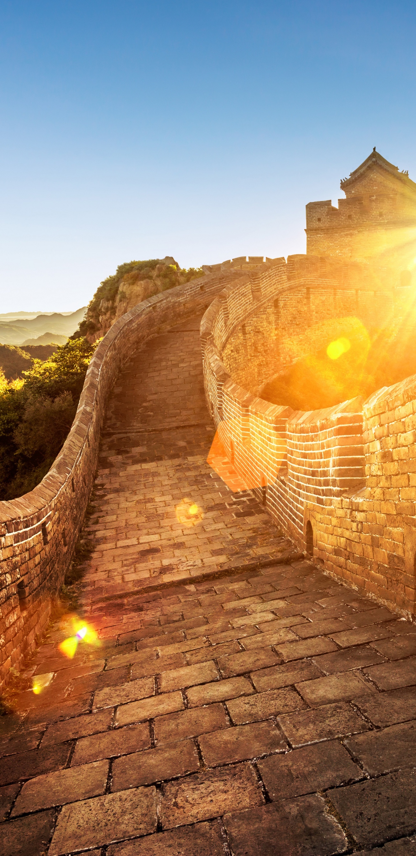 Обои великая Китайская стена, стена, солнечный свет, пейзаж, путешествие в разрешении 1440x2960