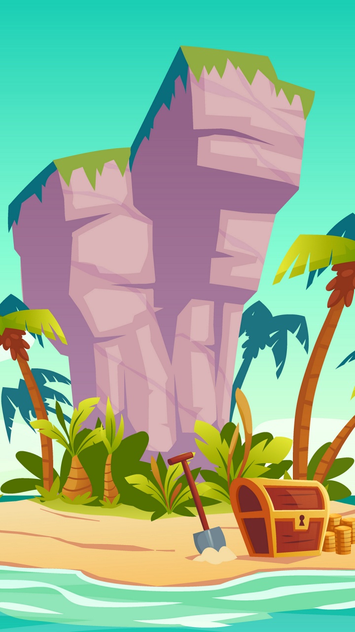 Обои пиратский корабль на острове мультфильм, пиратство, векторная графика, корабль, Остров в разрешении 720x1280