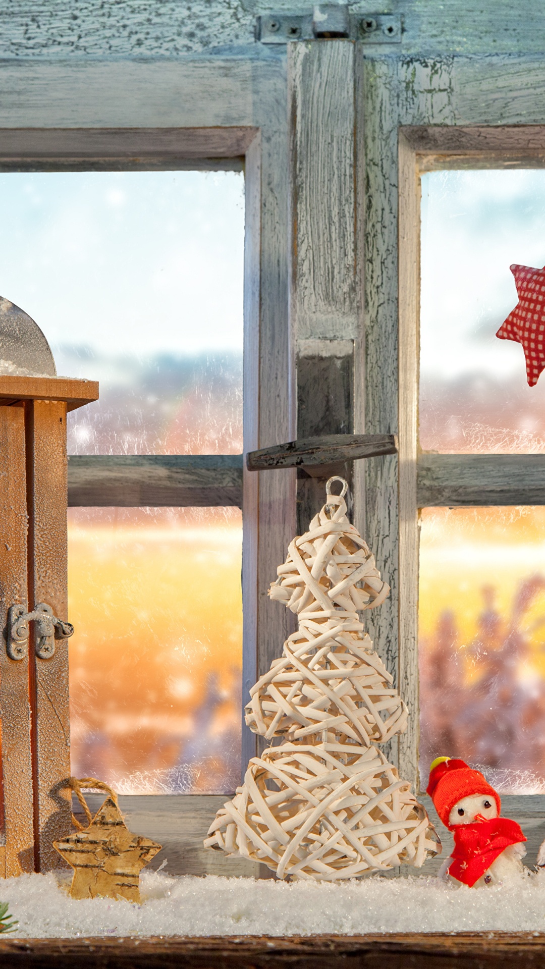 Обои Рождественский день, окно, освещение, зима, Рождественские украшения в разрешении 1080x1920