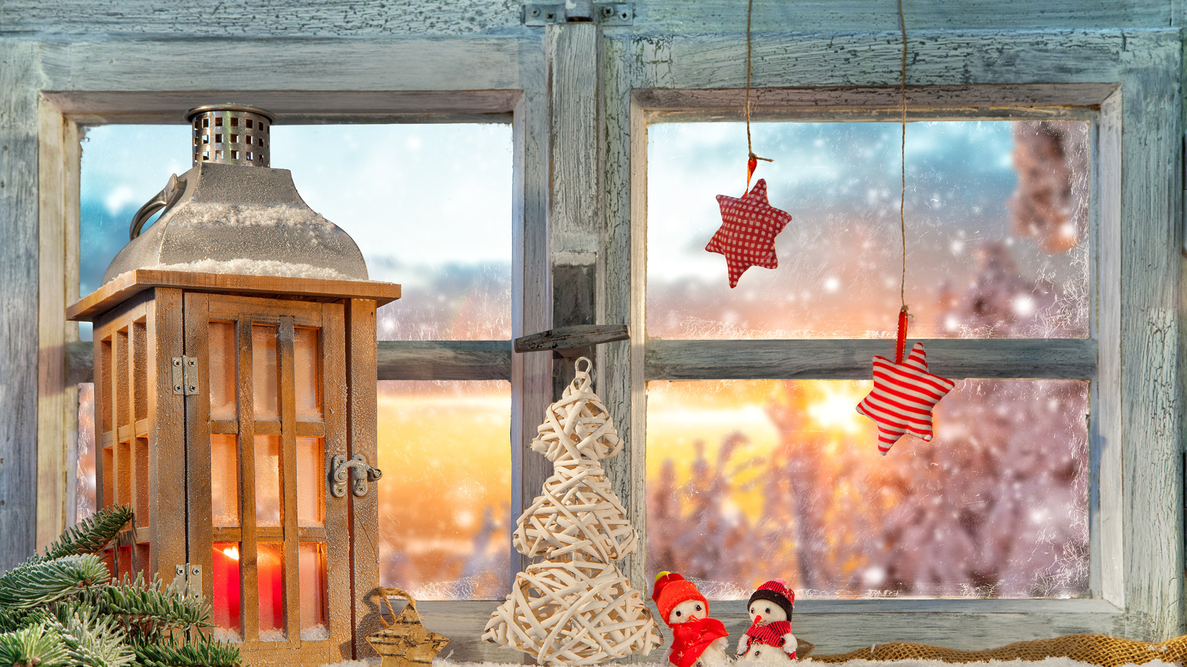 Обои Рождественский день, окно, освещение, зима, Рождественские украшения в разрешении 3840x2160