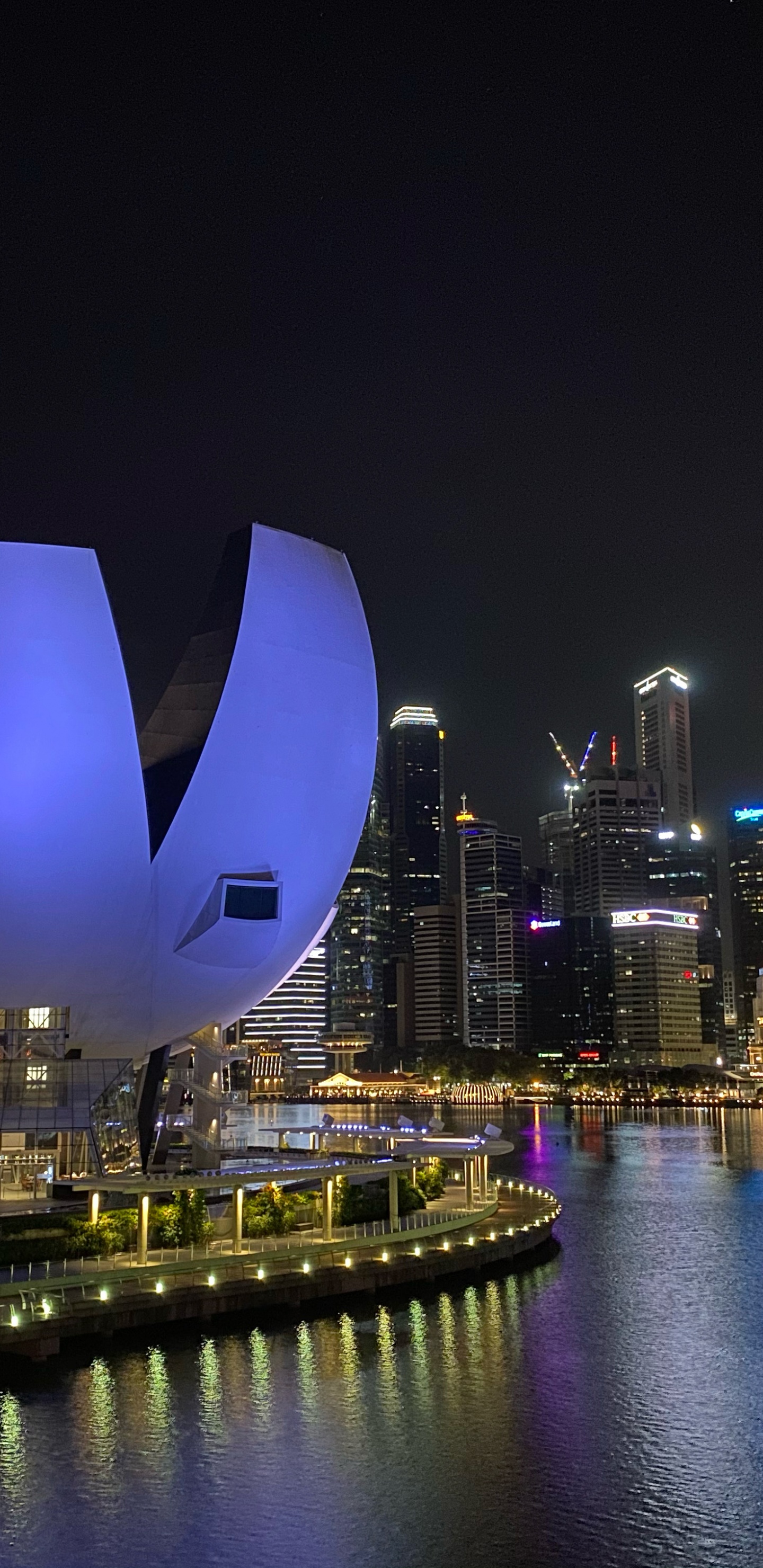 Обои отражение, небоскреб, вода, ночь, город в разрешении 1440x2960