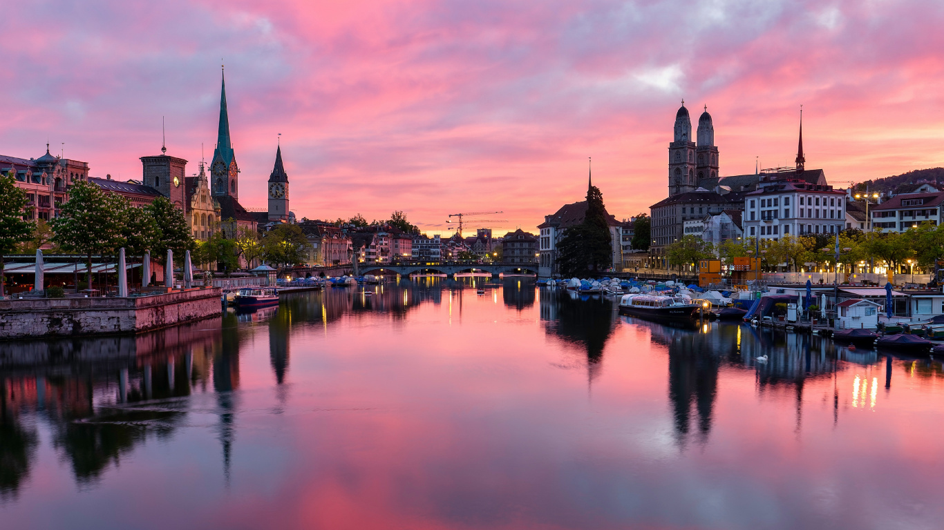 Обои Швейцария, Zrich, Grossmnster, вода, облако в разрешении 1366x768