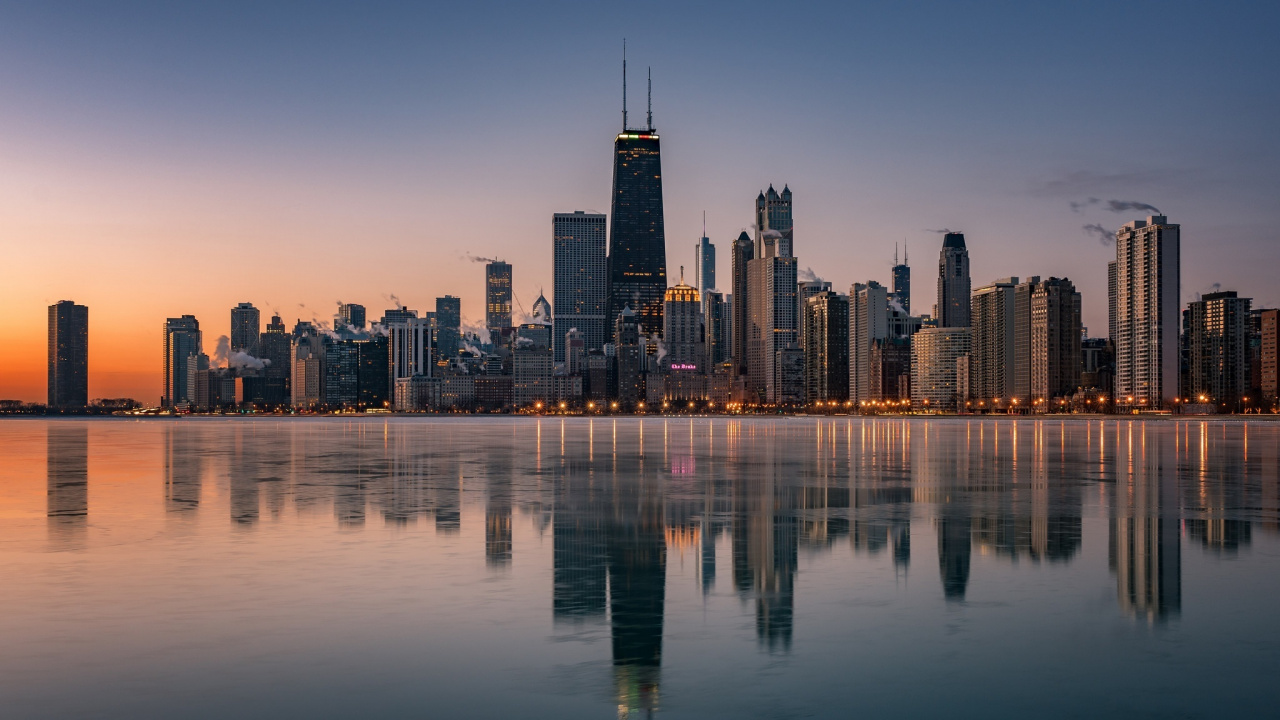 Обои Чикаго, городской пейзаж, город, линия горизонта, отражение в разрешении 1280x720