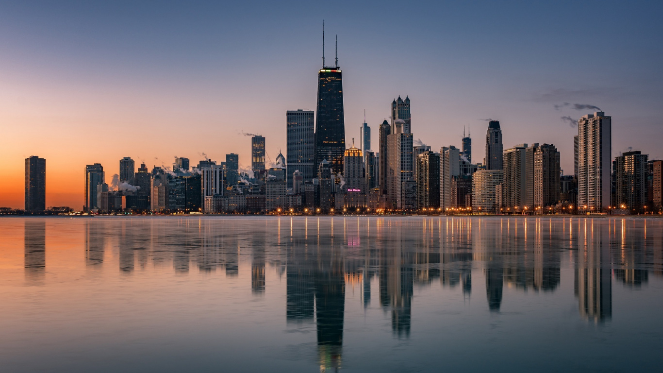 Обои Чикаго, городской пейзаж, город, линия горизонта, отражение в разрешении 1366x768