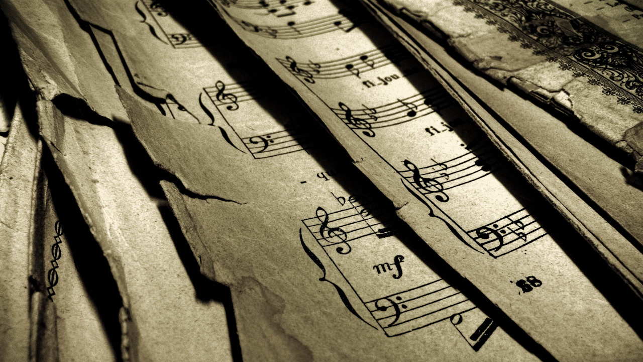 Обои ноты, классическая музыка, древесина, текст, каллиграфия в разрешении 1280x720