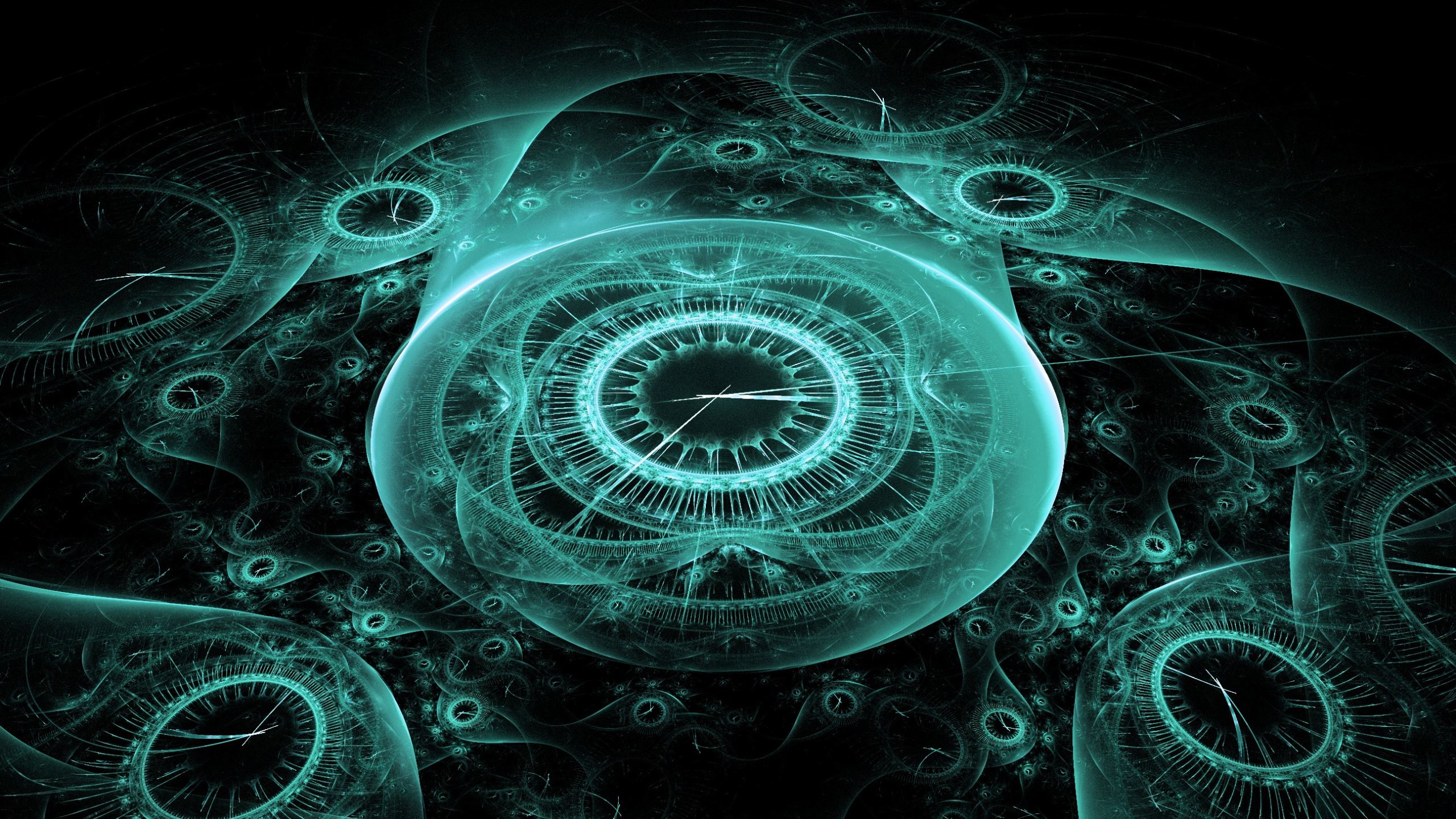 Обои путешествие во времени, иллюстрация, фрактальное искусство, круг, бирюза в разрешении 2560x1440