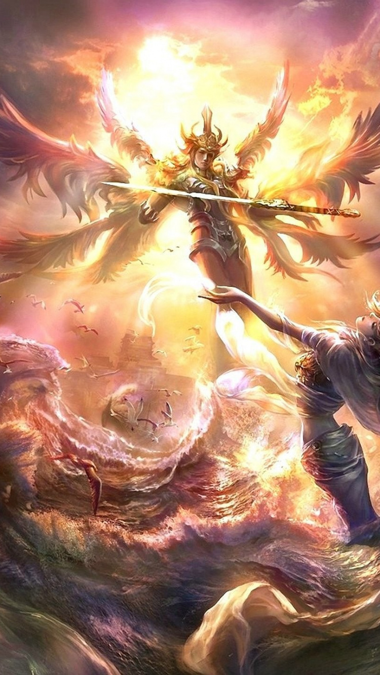 Обои ангел, демон, мифология, пламя, мифическое существо в разрешении 750x1334