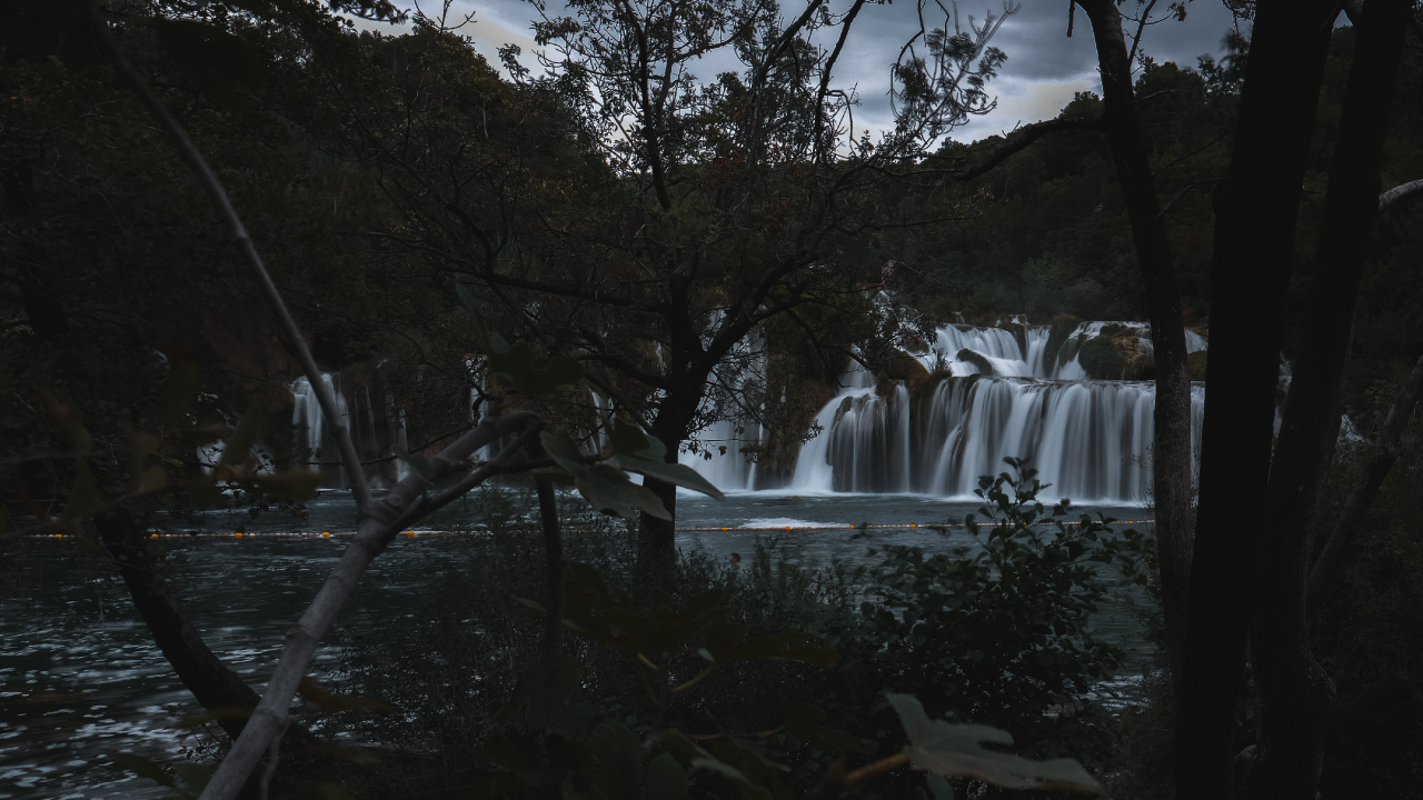 Обои дерево, водоем, водопад, природа, вода в разрешении 1280x720