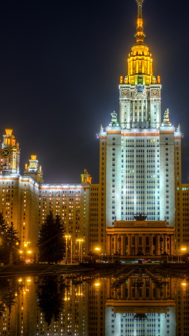 Обои Московский государственный университет, Университет, ориентир, ночь, город в разрешении 720x1280
