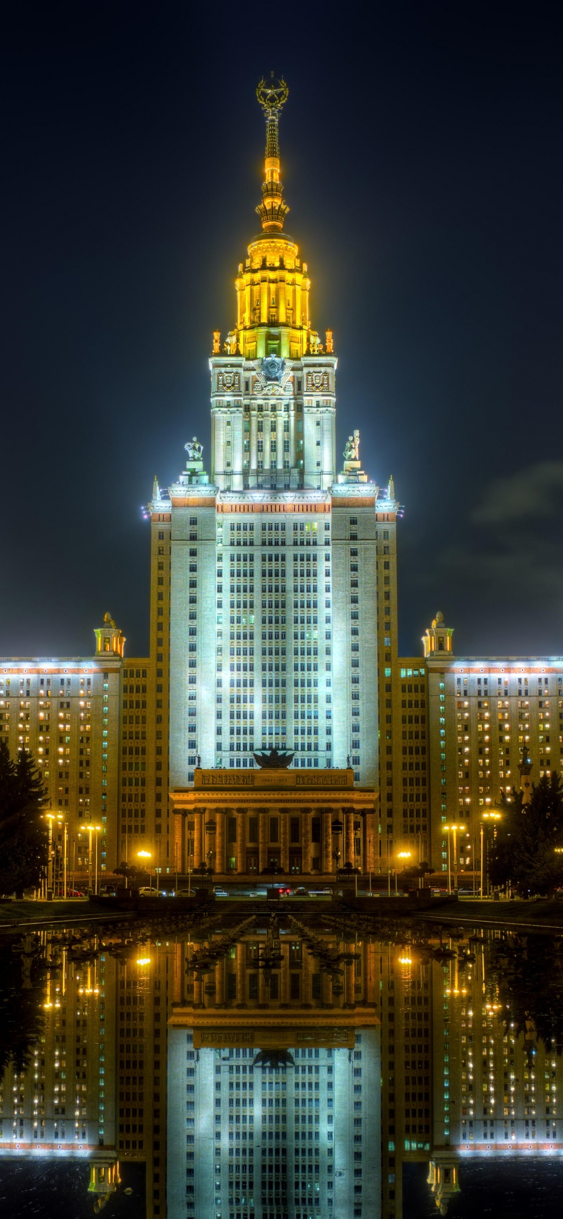 Обои Московский государственный университет, Университет, ориентир, город, ночь в разрешении 1125x2436