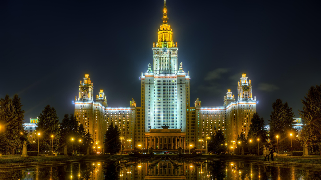 Обои Московский государственный университет, Университет, ориентир, город, ночь в разрешении 1280x720