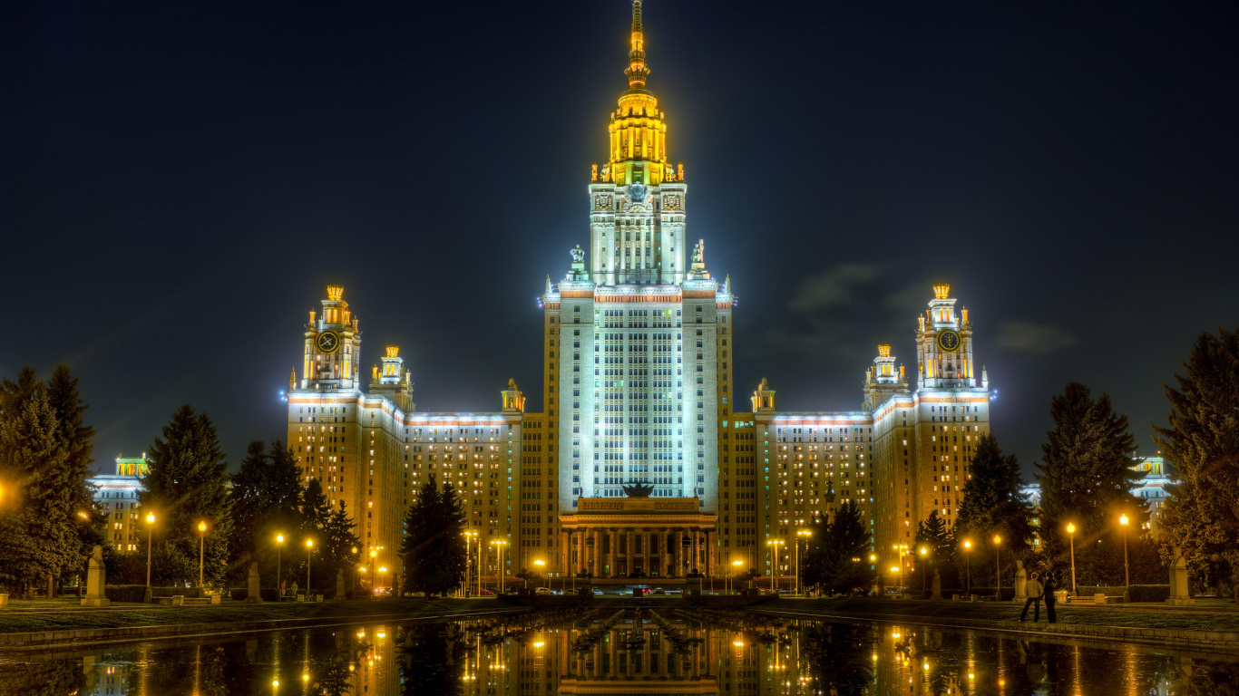 Обои Московский государственный университет, Университет, ориентир, город, ночь в разрешении 1366x768