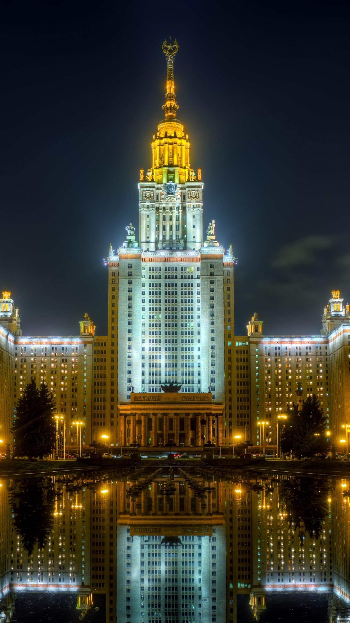Обои Московский государственный университет, Университет, ориентир, город, ночь в разрешении 1440x2560