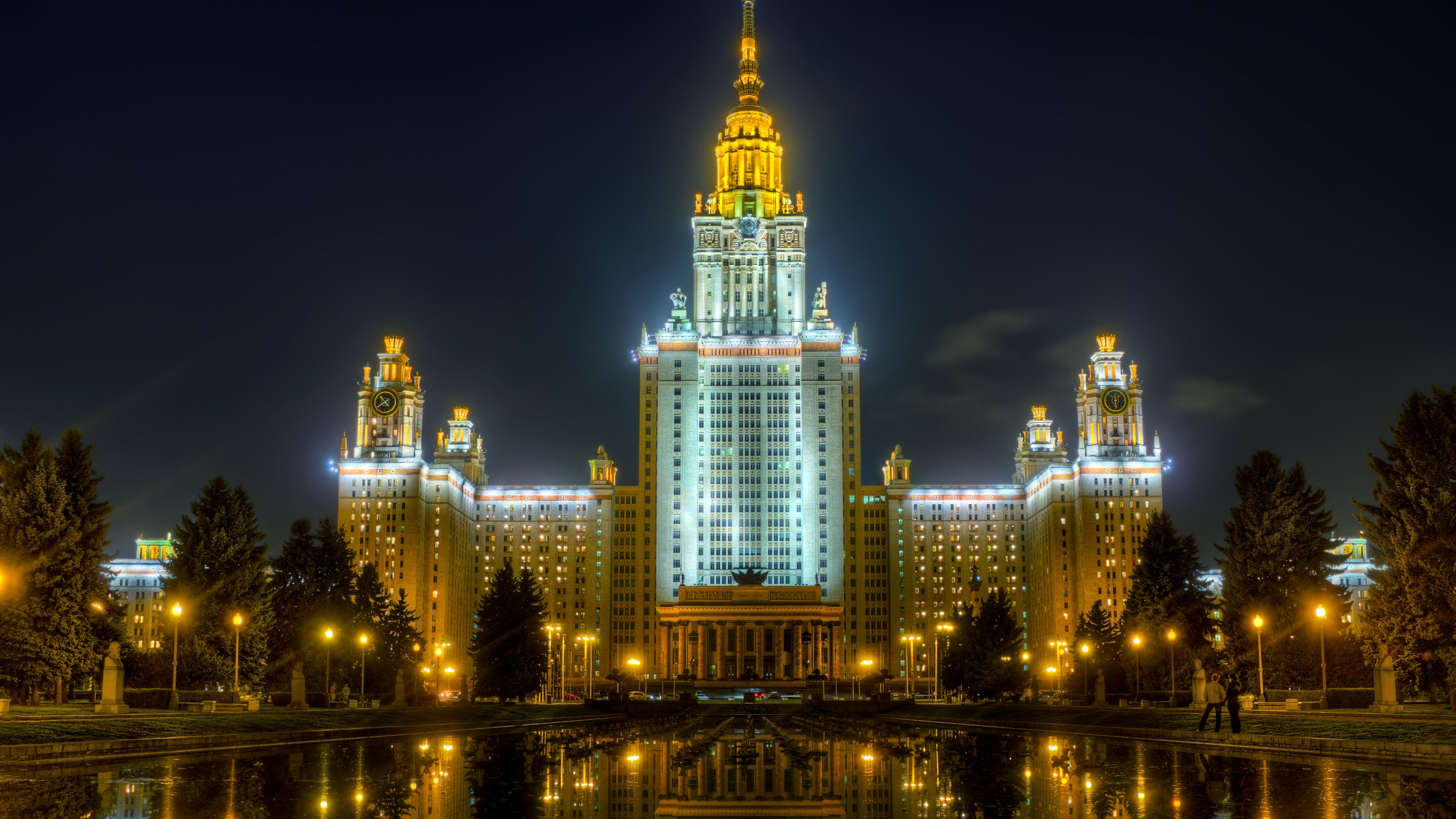 Обои Московский государственный университет, Университет, ориентир, город, ночь в разрешении 3840x2160