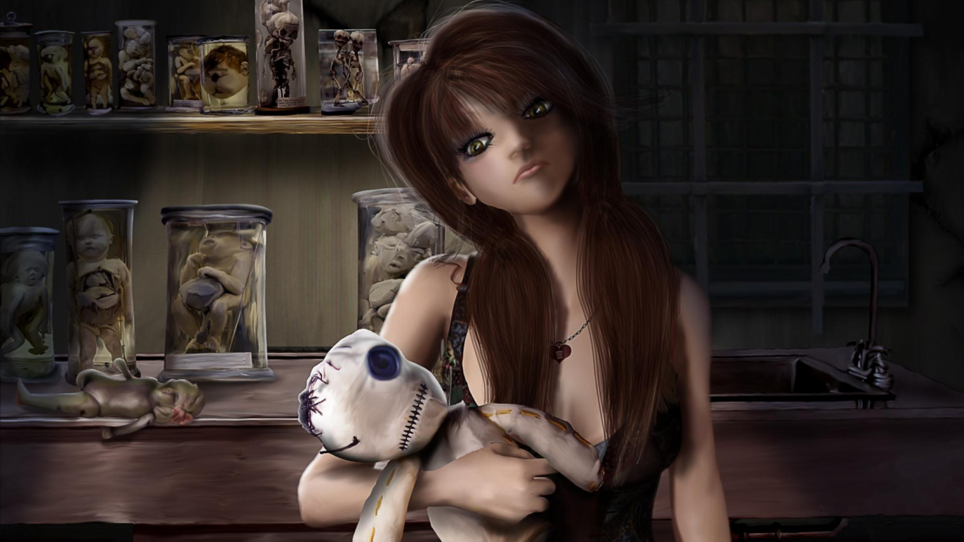 Обои кукла, тьма, темные волосы, каштановые волосы, девушка в разрешении 1366x768