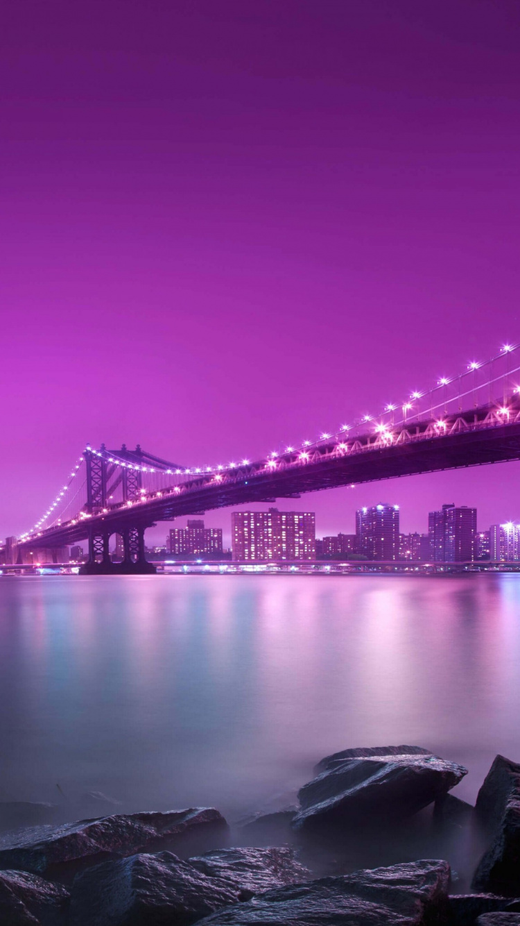 Обои мост, пурпур, ориентир, ночь, вода в разрешении 750x1334