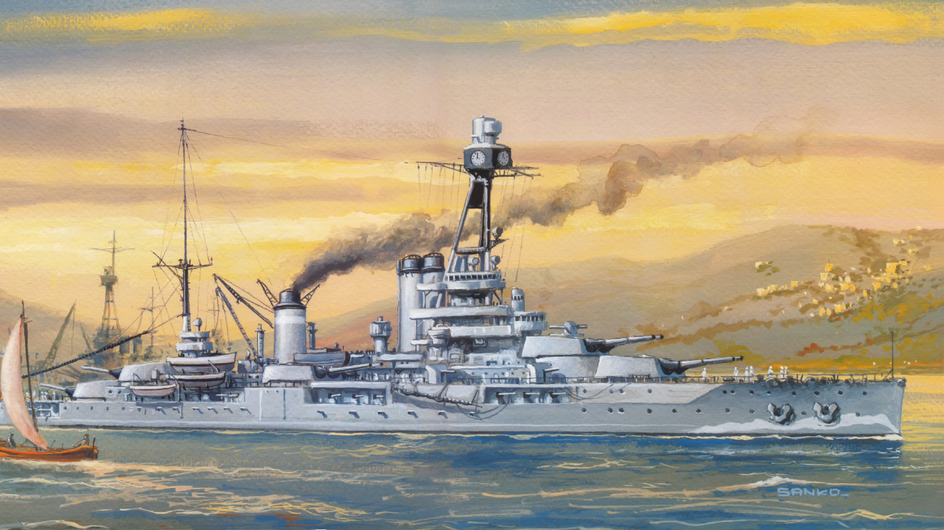 Обои легкий крейсер, военный корабль, корабль, Линкор, живопись в разрешении 1366x768