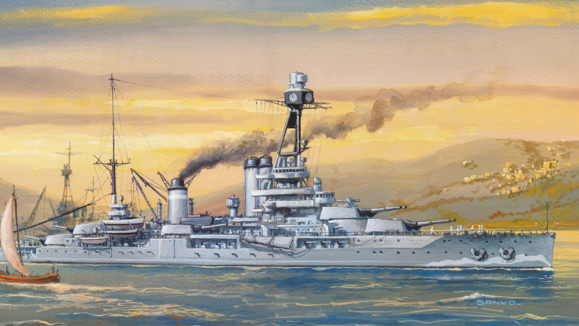 Обои легкий крейсер, военный корабль, корабль, Линкор, живопись в разрешении 1920x1080
