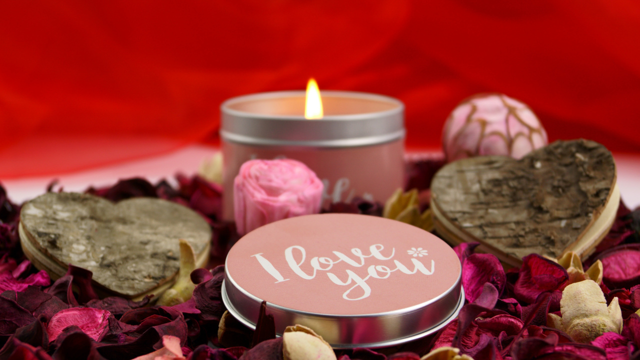 Обои свеча, Роза, цветок, лепесток, сердце в разрешении 1280x720