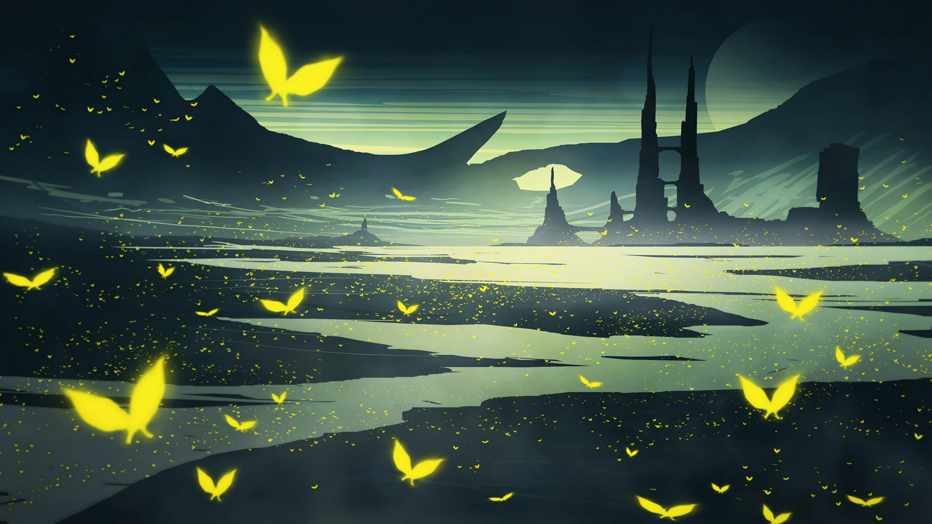 Обои арт, рисование, природа, желтый, вода в разрешении 1920x1080