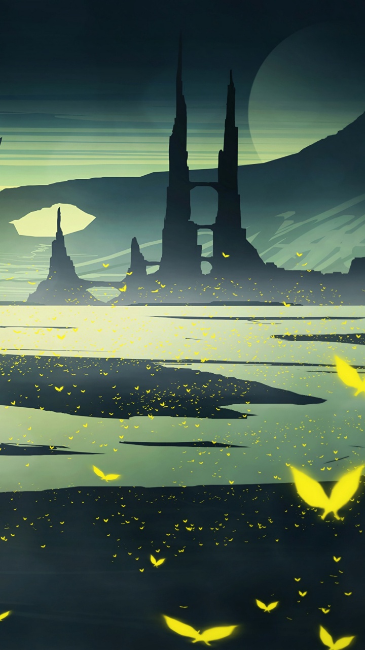 Обои арт, рисование, природа, желтый, вода в разрешении 720x1280