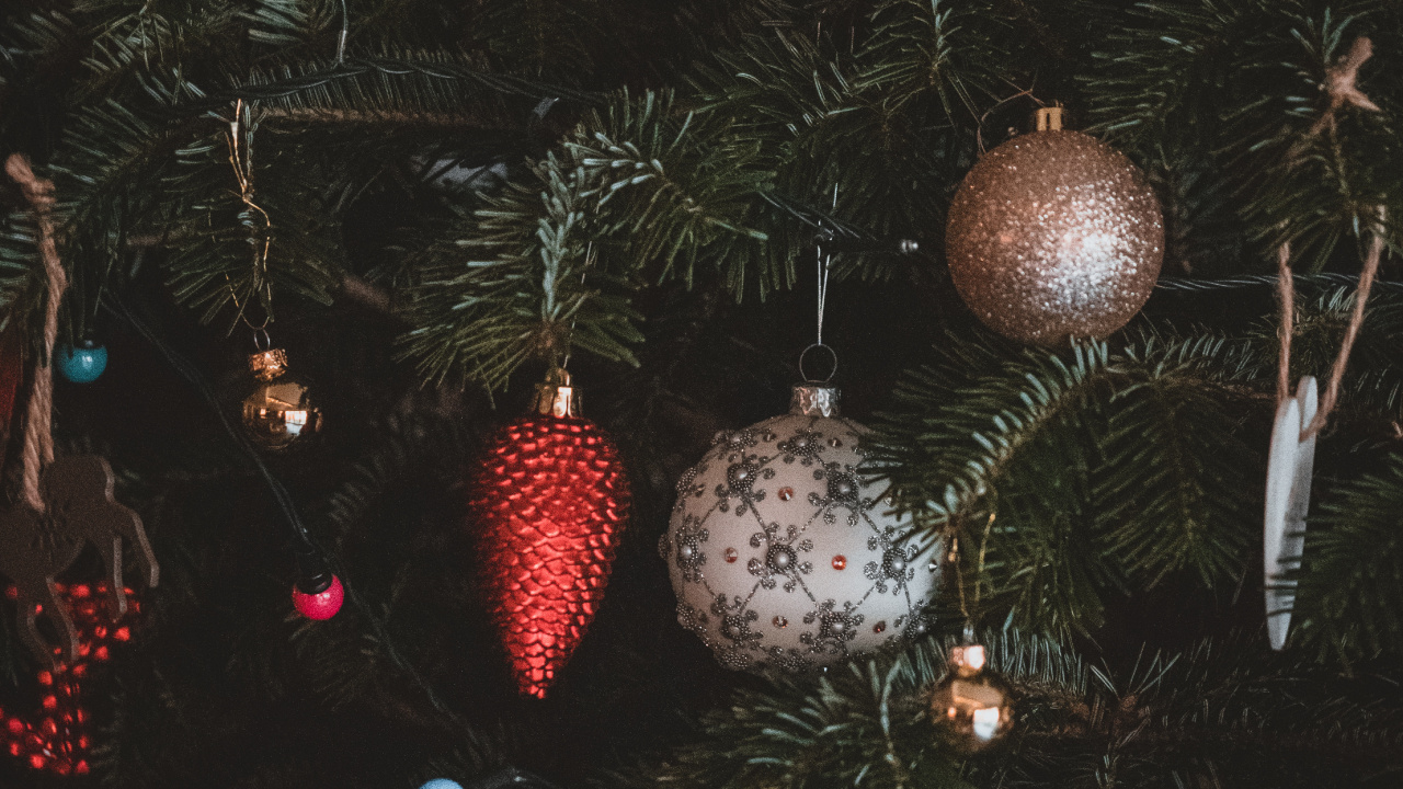 Обои Рождественский день, рождественский орнамент, дерево, Рождество, ветвь в разрешении 1280x720