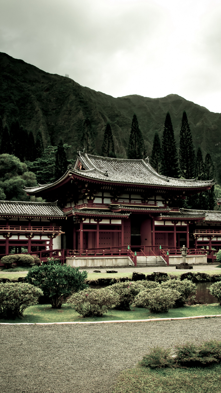 Обои Byodo-В Храме, храм, гора, китайская архитектура, дерево в разрешении 750x1334