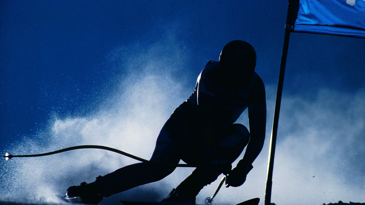 Обои лыжи, сноуборд, экстремальный вид спорта, синий, силуэт в разрешении 1280x720