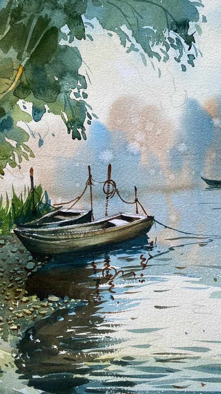 Обои акварельные краски, акварельная живопись, живопись, вода, лодка в разрешении 720x1280
